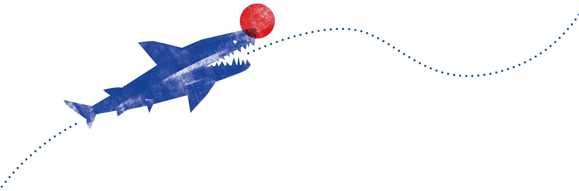 Illustration : un requin bleu, un nez rouge dans la gueule